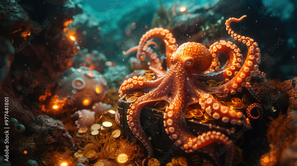 Octopus guards chest of treasure and gold coins underwater. Underwater seabed with colorful corals and reefs. Octopus guards chest of treasure and gold coins underwater. Underwater seabed with colorful corals and reefs.