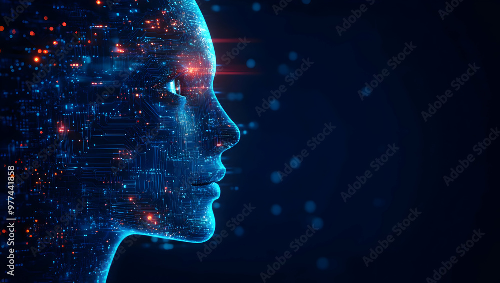 Futuristic digital woman silhouette with glowing circuits and particles. Abstract representation of technology and identity. Futuristic digital woman silhouette with glowing circuits and particles. Abstract representation of technology and identity.