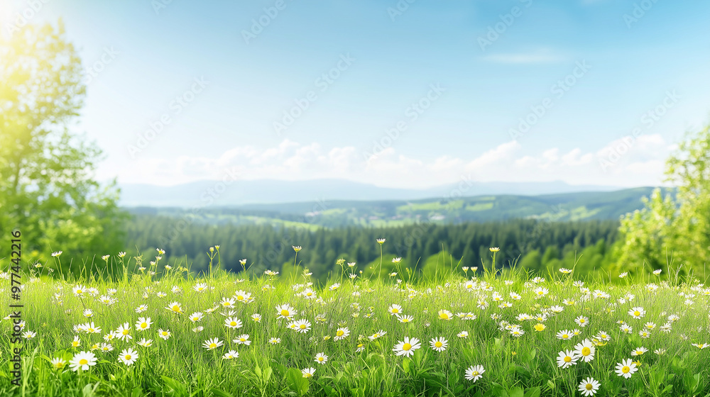 Beautiful spring landscape with green grass and yellow flowers on a meadow, blue sky with fewer clouds over the forest on a sunny day, panoramic view, Beautiful spring landscape with green grass and yellow flowers on a meadow, blue sky with fewer clouds over the forest on a sunny day, panoramic view,