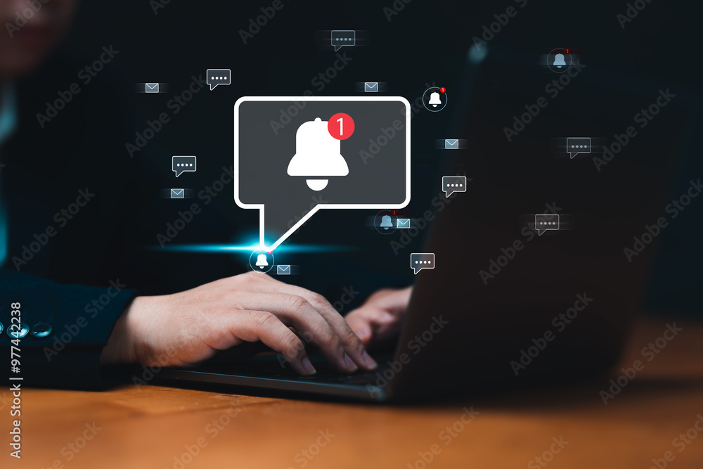 Notification business connectivity concept for digital communication with captivating email and marketing notifications. Businessman using laptop to Explore the future of internet technology. Notification business connectivity concept for digital communication with captivating email and marketing notifications. Businessman using laptop to Explore the future of internet technology.
