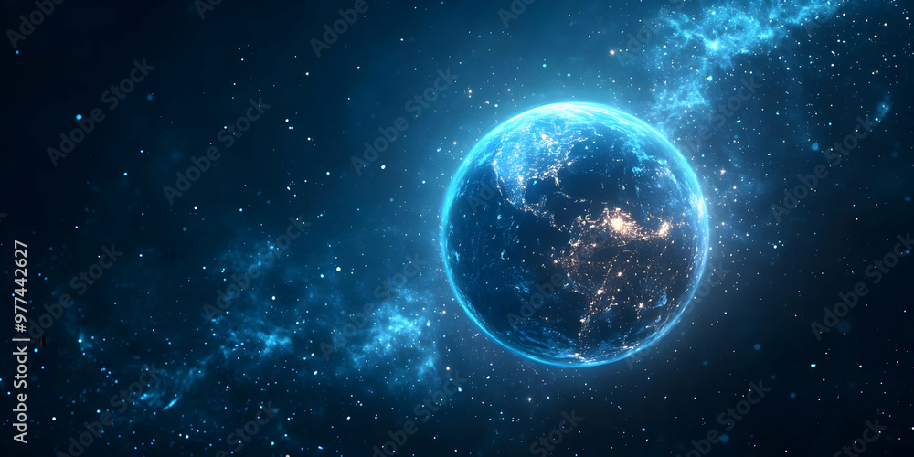 Fototapeta premium Stunning view of Earth from space, illuminated with vibrant blue and cosmic elements, showcasing a beautiful celestial landscape.