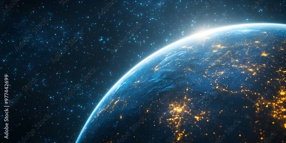 Captivating view of Earth illuminated by city lights, surrounded by a starry universe. Ideal for science, space, and travel themes. Captivating view of Earth illuminated by city lights, surrounded by a starry universe. Ideal for science, space, and travel themes.