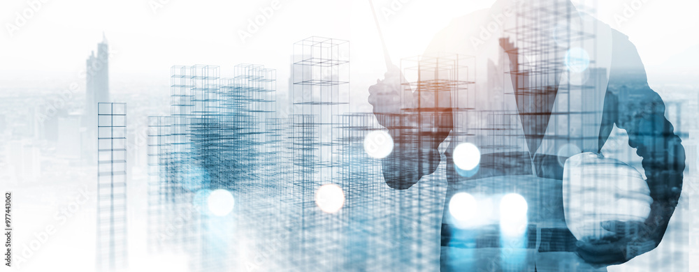 Engineering worker industry double exposure city teamwork concept, communication radio transmission connectivity, contractor technician, architect, city plexus background blue banner. Engineering worker industry double exposure city teamwork concept, communication radio transmission connectivity, contractor technician, architect, city plexus background blue banner.