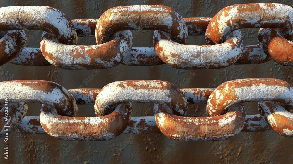 Rusting metal chain links interwoven against a weathered backdrop in an industrial setting Rusting metal chain links interwoven against a weathered backdrop in an industrial setting