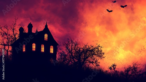 Haunted house silhouette with glowing windows against an eerie orange and purple sky photo