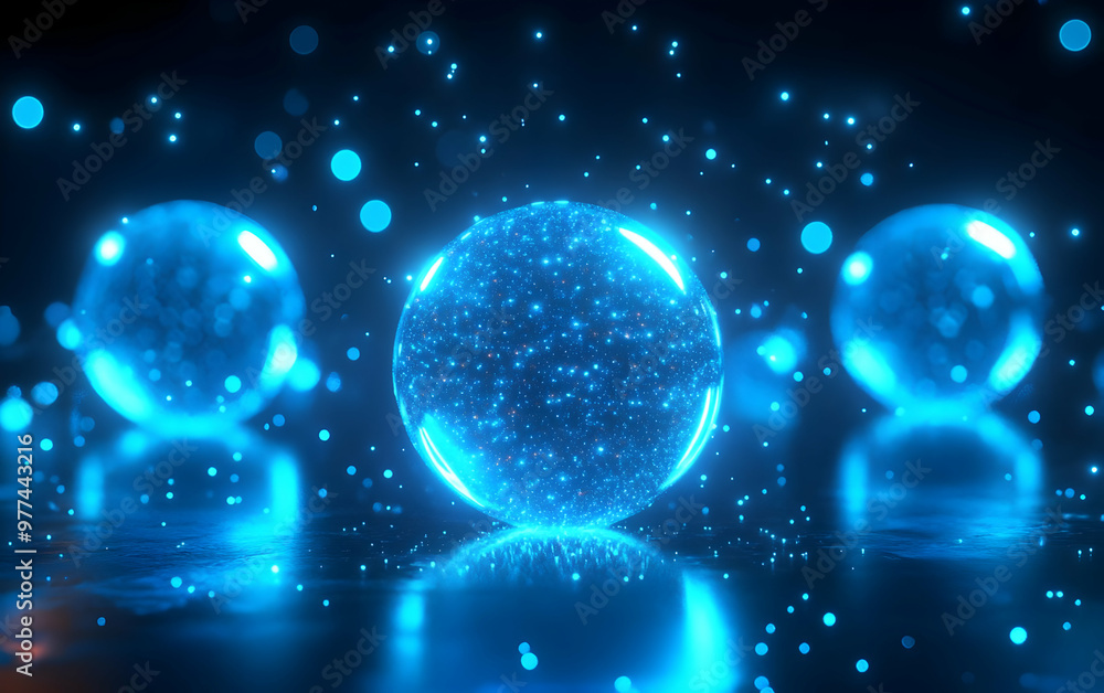 Illuminated blue spheres surrounded by glowing particles, creating a magical, futuristic atmosphere. Illuminated blue spheres surrounded by glowing particles, creating a magical, futuristic atmosphere.