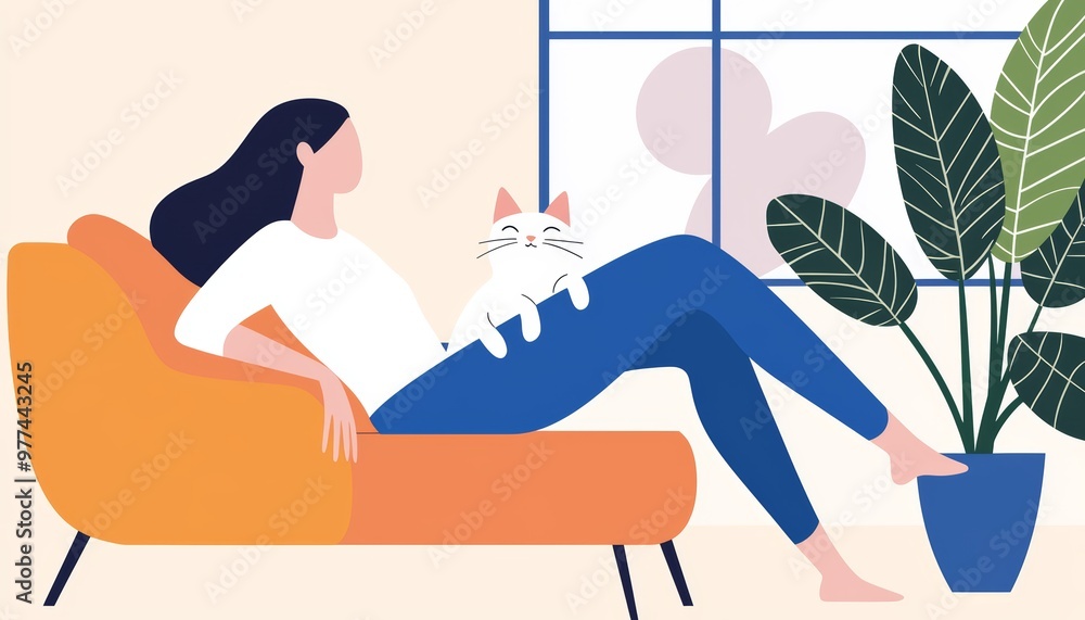 Obraz premium A content woman lounging on the sofa with her pet, stroking her cat while gazing out of the window, enjoying a peaceful, relaxing afternoon