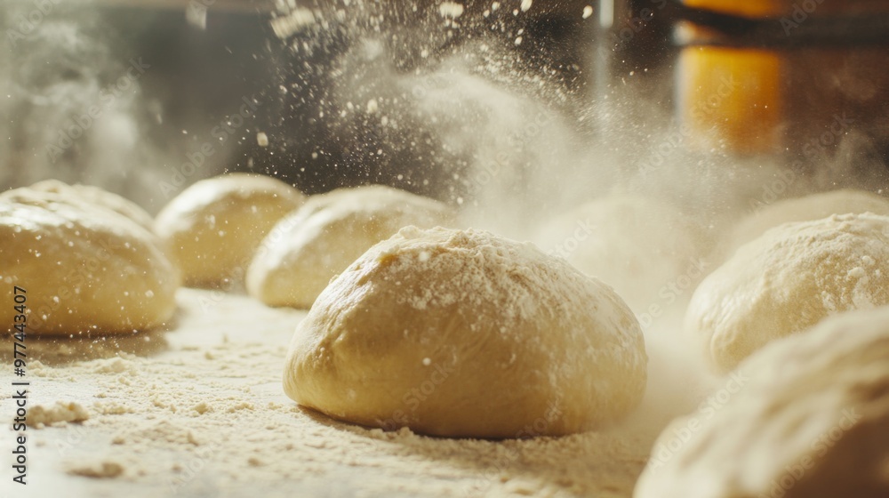 Obraz premium A dynamic shot of bread dough being kneaded on a floured countertop, with a focus on the texture and process of making fresh bread loaves from scratch