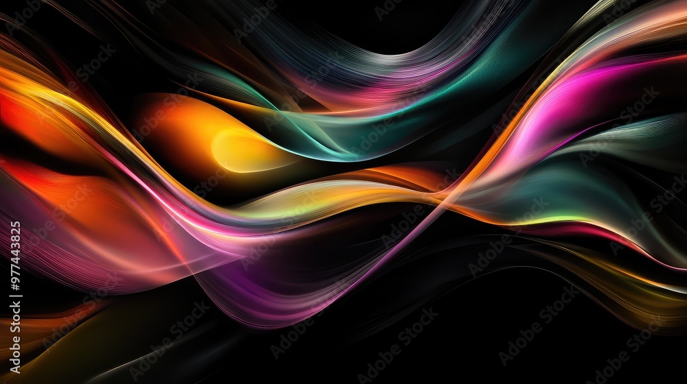 Smooth, flowing ribbons of color twisting through a dark, empty space. Smooth, flowing ribbons of color twisting through a dark, empty space.