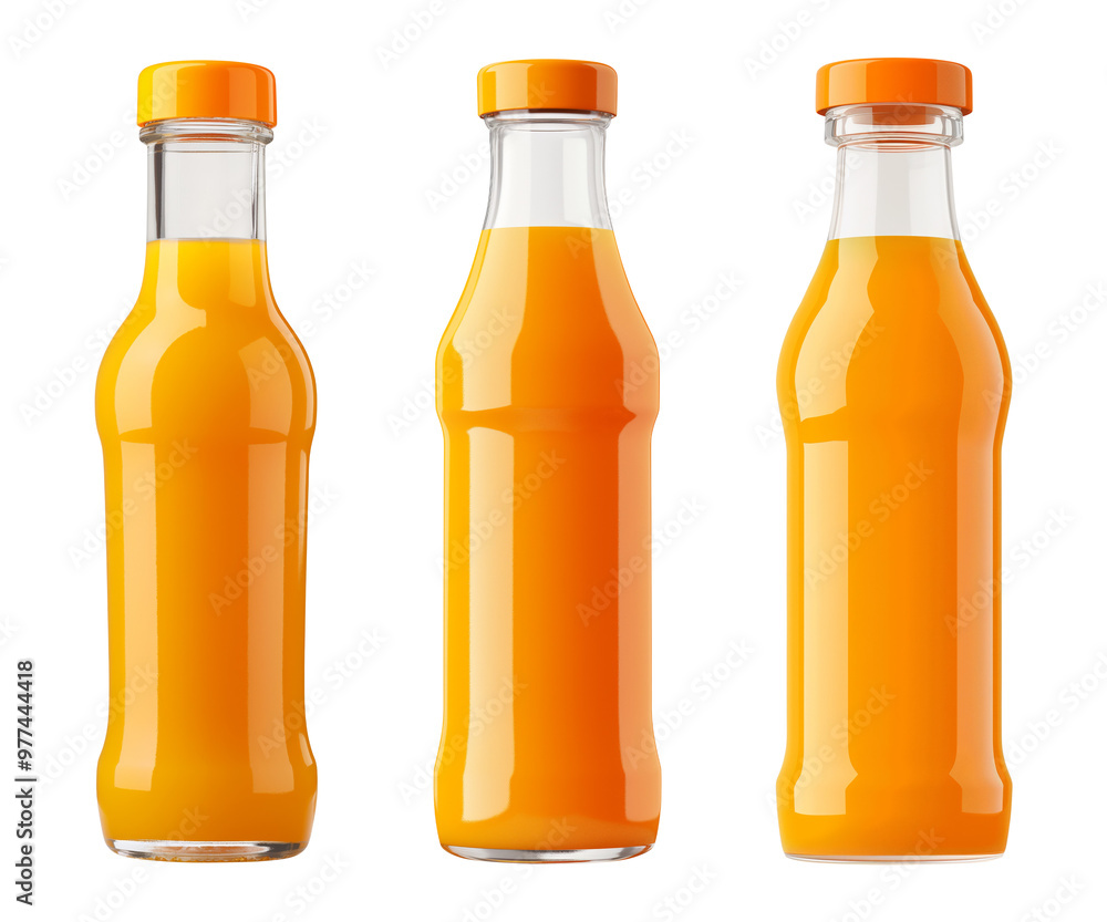 Set of orange juice in glass bottles, front view, isolated against a transparent background Set of orange juice in glass bottles, front view, isolated against a transparent background