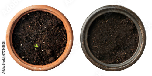 A set of empty plant pots with soil, flat lay top down view, isolated against a transparent background