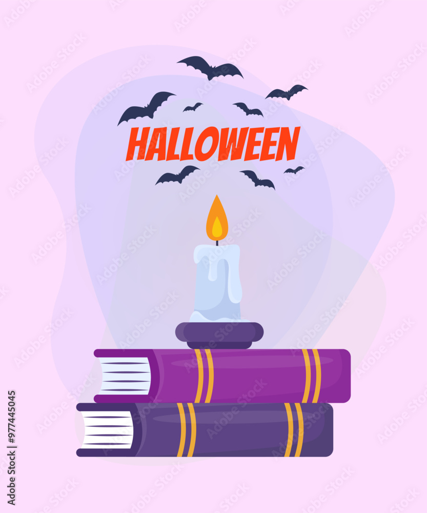 Wax candle on stack of magic books. Halloween lettering with flying bats on abstract background. Celebration, party concept. Vector illustration for invitation, banner or poster