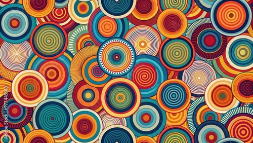 Colorful, overlapping circles in various sizes and vibrant hues create a mesmerizing, abstract geometric pattern, perfect for backgrounds, textures, and modern design elements.