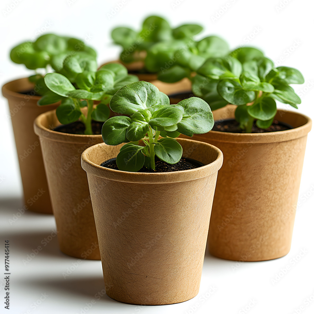 Eco-Friendly Small Garden Planter Pots with Green Plants Isolated on White Background. Eco-Friendly Small Garden Planter Pots with Green Plants Isolated on White Background.