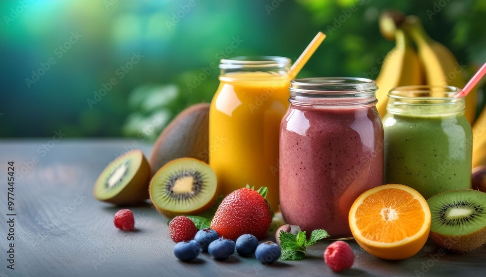 Delicious vegan smoothies with depth of field showcasing colorful fruits and healthy boosts Delicious vegan smoothies with depth of field showcasing colorful fruits and healthy boosts