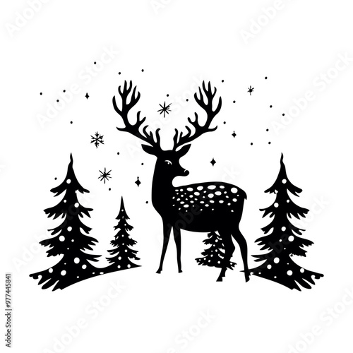 Silhouette of a reindeer standing in a snowy forest with decorated trees and falling snowflakes. On a white background. Concept of winter wildlife