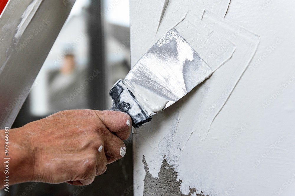 Woman plastering the walls with finishing putty in the room with putty knife or spatula. Woman plastering the walls with finishing putty in the room with putty knife or spatula.