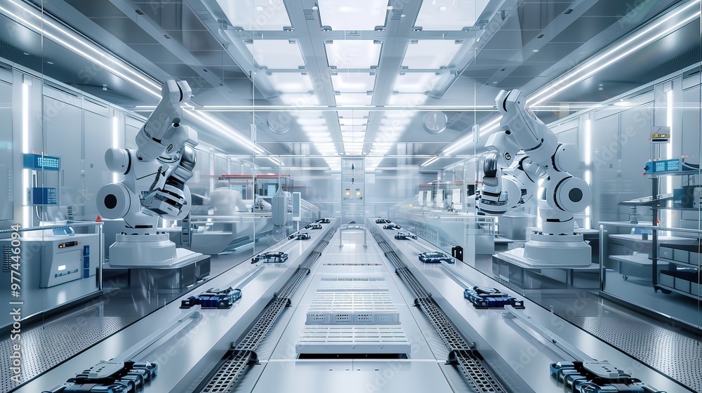 Advanced electric vehicle battery production line with robotic arms assembling lithium-ion cells. Futuristic factory interior featuring conveyor belts, technicians in clean room suits, high-tech machi Advanced electric vehicle battery production line with robotic arms assembling lithium-ion cells. Futuristic factory interior featuring conveyor belts, technicians in clean room suits, high-tech machi