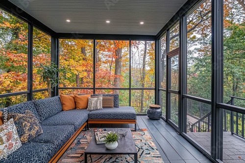 In the early morning, a warm screened porch with raindrops on the window and autumn leaves and woods in the distance.