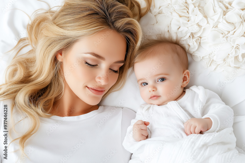 Mother Plays With Her Newborn Baby In Bed Mother Plays With Her Newborn Baby In Bed