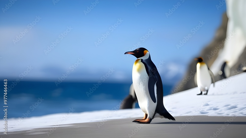 Obraz premium A flock of penguins swims along the shore. High quality photo