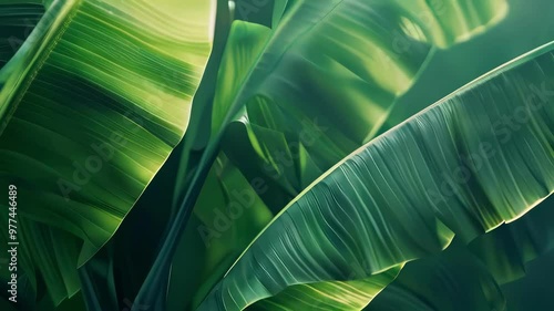 Close-up of large tropical green banana leaves overlapping in sunlight, natural plant texture for design or nature backgrounds