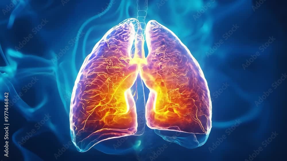 A detailed illustration of human lungs with vibrant colors, highlighting the bronchial tree and surrounding structure. A detailed illustration of human lungs with vibrant colors, highlighting the bronchial tree and surrounding structure.