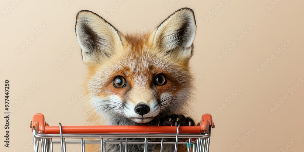 Obraz premium Curious Fox Peeking Over Shopping Cart Handle on Brown Background