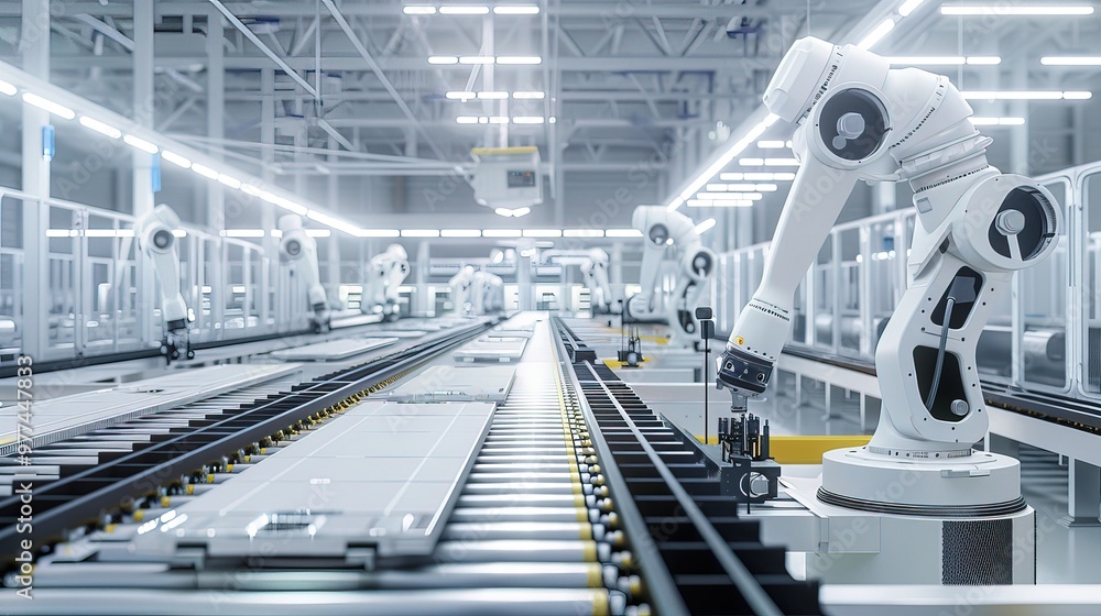 Advanced electric vehicle battery production line with robotic arms assembling lithium-ion cells. Futuristic factory interior featuring conveyor belts, technicians in clean room suits, high-tech machi Advanced electric vehicle battery production line with robotic arms assembling lithium-ion cells. Futuristic factory interior featuring conveyor belts, technicians in clean room suits, high-tech machi