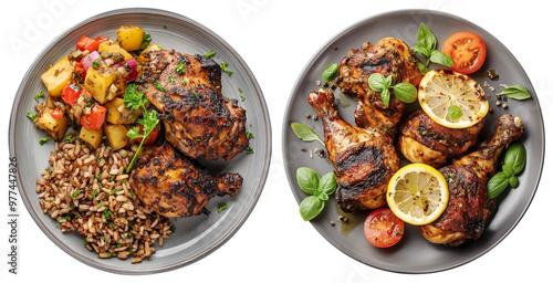 Set of jerk chicken, side of roasted vegetables and rice, flat lay, isolated against a transparent background