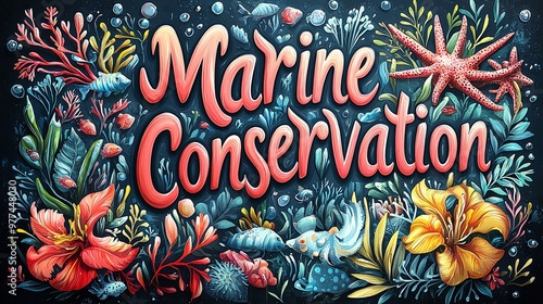 The phrase 'Marine Conservation' decorated with oceanic flora and fauna, including corals, fish, and seashells, emphasizing the importance of preserving marine life. photo