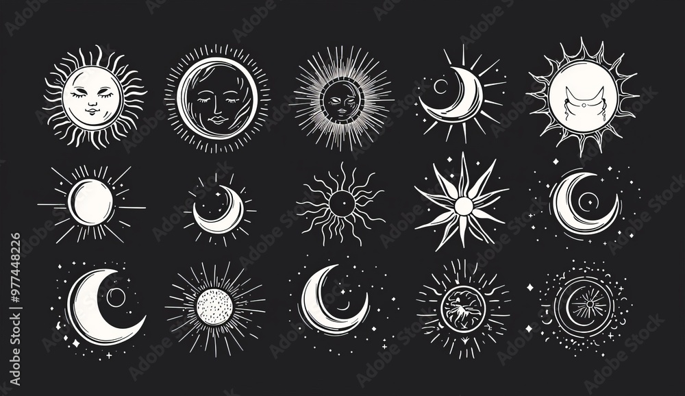 Celestial mystic esoteric and magic elements sun and moon with shine and sunburst. Alchemy tattoo object logo template. Celestial mystic esoteric and magic elements sun and moon with shine and sunburst. Alchemy tattoo object logo template.