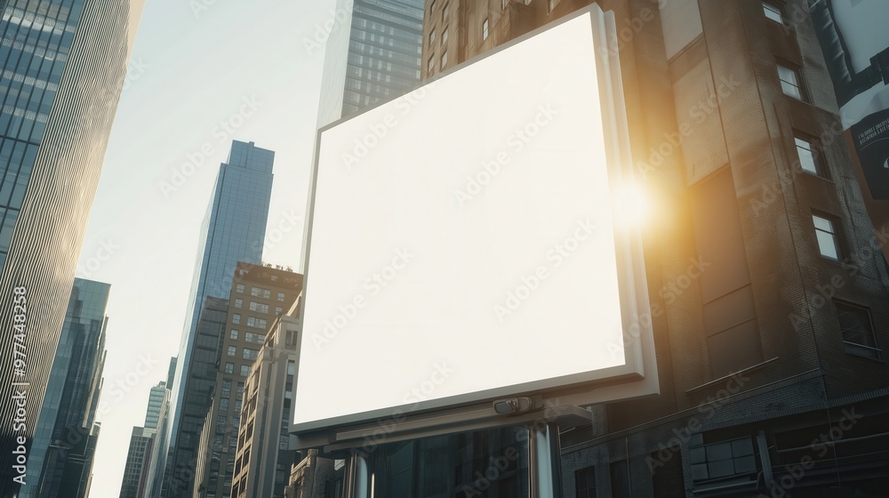 Blank Billboard Against Modern Skyscrapers in City