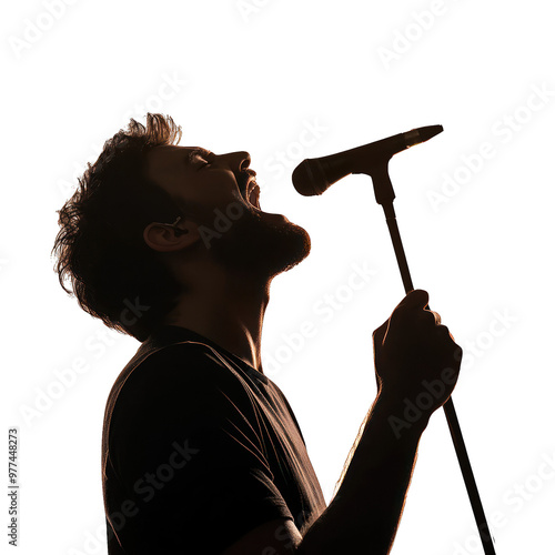 A passionate singer performing on stage, illuminated from behind. A moment capturing the energy of live music and artistry. transparent background