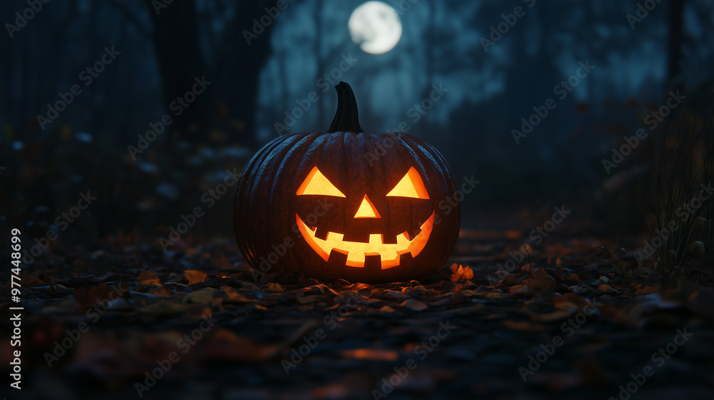Halloween pumpkin with a spooky face in a dark autumn forest Halloween pumpkin with a spooky face in a dark autumn forest
