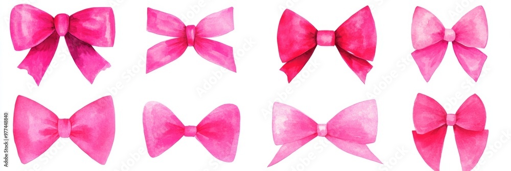 Isolated watercolor pink bows on a white background. Isolated watercolor pink bows on a white background.