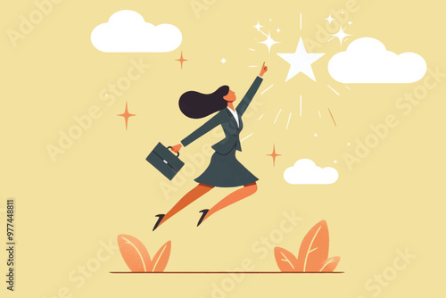 Illustration of a career woman jumping in the air reaching for the stars, as a symbol of effort and achieving success