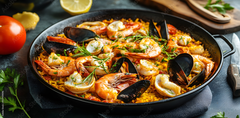 A rich, aromatic seafood paella sits in a dark, rustic pan. Vibrant saffron-stained rice, plump shrimp, mussels, and clams are artfully arranged A rich, aromatic seafood paella sits in a dark, rustic pan. Vibrant saffron-stained rice, plump shrimp, mussels, and clams are artfully arranged