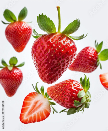water splash and strawberry in the mid air, sliced fresh red berry splashing with the juice, isolated in light grey background