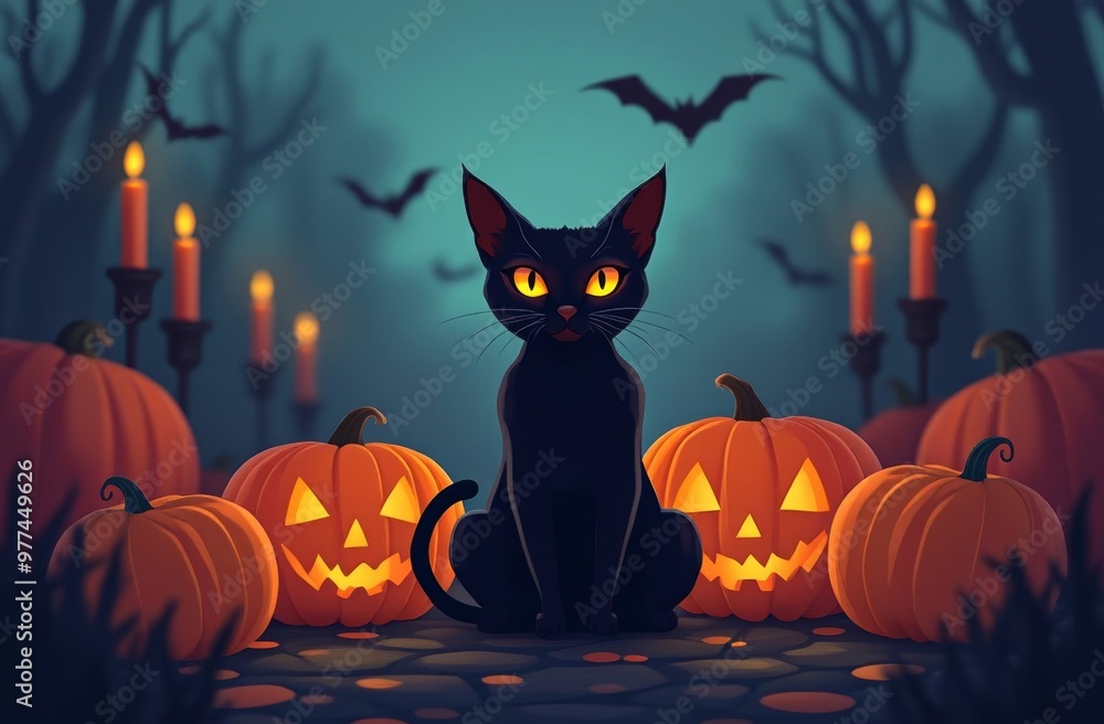Black cat and Scary Halloween pumpkins Jack-o-lantern and in the on a mystery Halloween background. Black cat and Scary Halloween pumpkins Jack-o-lantern and in the on a mystery Halloween background.