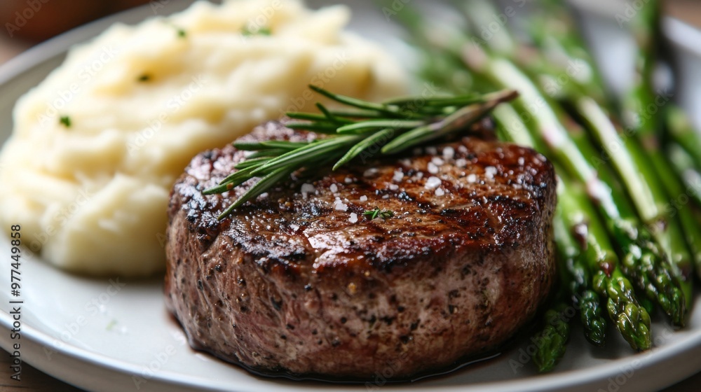 A gourmet steak dinner featuring a beautifully seared filet mignon, garnished with rosemary and served with mashed potatoes and steamed asparagus. A gourmet steak dinner featuring a beautifully seared filet mignon, garnished with rosemary and served with mashed potatoes and steamed asparagus.
