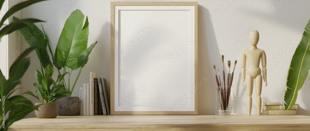 On a wooden tabletop, a minimal white frame mockup is displayed with an empty frame On a wooden tabletop, a minimal white frame mockup is displayed with an empty frame