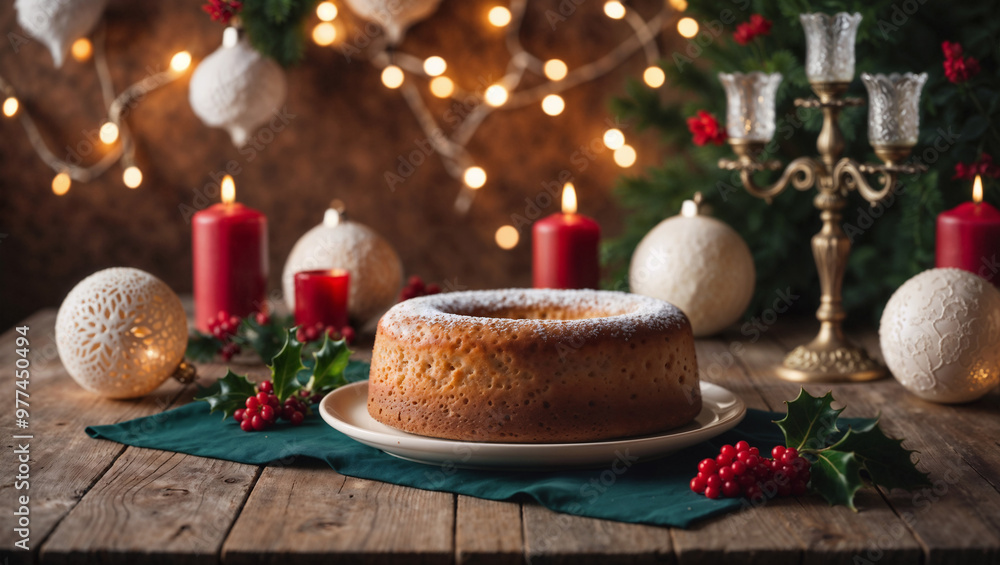 Torta fatta in casa su un tavolo con luci e decorazioni di Natale Torta fatta in casa su un tavolo con luci e decorazioni di Natale
