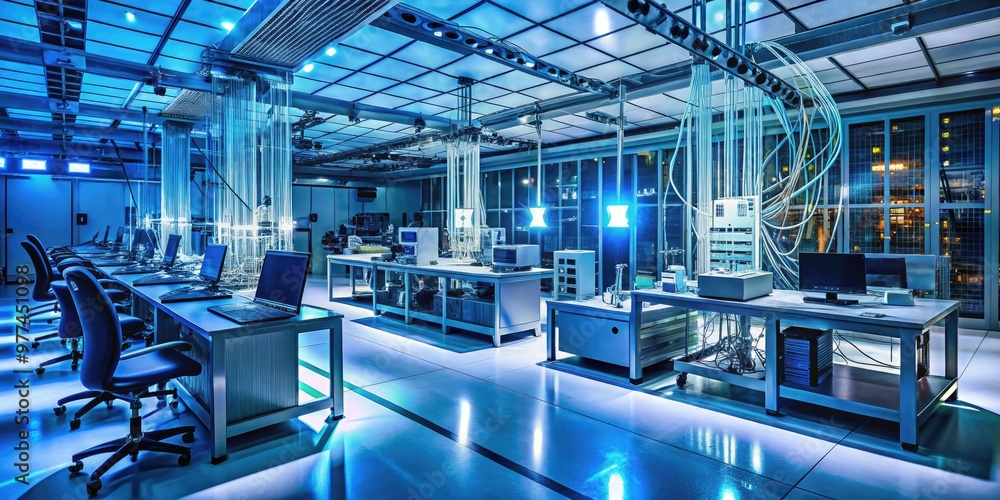 Delicate fiber optic cables and precision equipment fill a cutting-edge laboratory where scientists conduct advanced research and testing in a futuristic setting. Delicate fiber optic cables and precision equipment fill a cutting-edge laboratory where scientists conduct advanced research and testing in a futuristic setting.