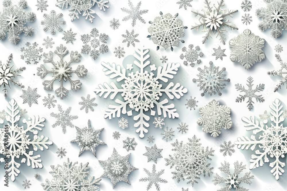 Delicate intricate snowflakes in varying shapes and sizes scattered across a pure white background, created using precise vector graphics with intricate details and symmetrical patterns. Delicate intricate snowflakes in varying shapes and sizes scattered across a pure white background, created using precise vector graphics with intricate details and symmetrical patterns.