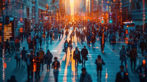 Elevated Security Camera Surveillance Footage of a Crowd of People Walking on Busy Urban City Streets. CCTV AI Facial Recognition Big Data Analysis Interface Scanning.