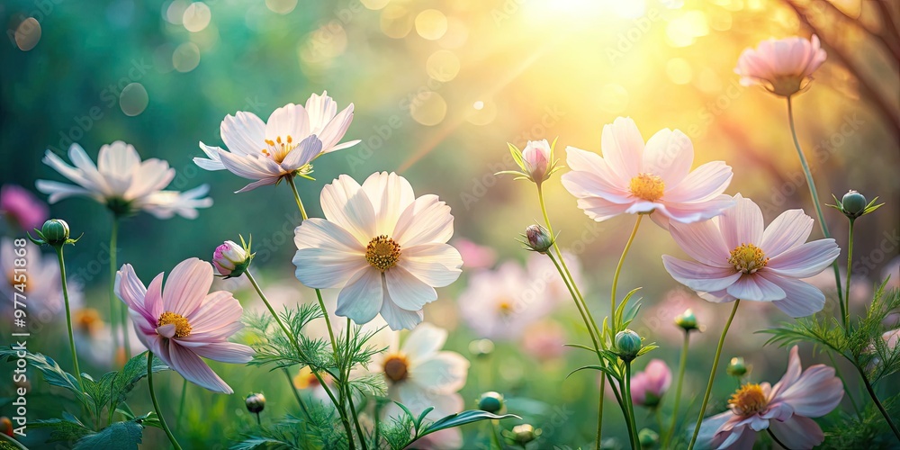 Delicate, pastel-hued flowers bloom amidst lush greenery, symbolizing the beauty and fragility of life, surrounded by soft, warm light and subtle, dreamy textures. Delicate, pastel-hued flowers bloom amidst lush greenery, symbolizing the beauty and fragility of life, surrounded by soft, warm light and subtle, dreamy textures.