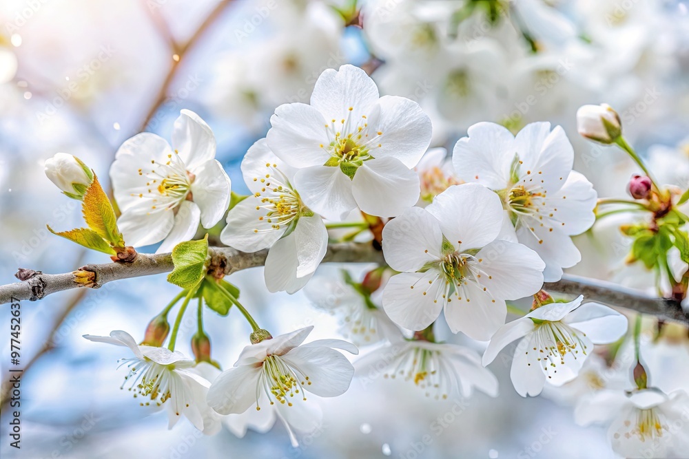 Delicate white cherry blossoms with soft petals and gentle branches unfold against a crisp, snow-white background, evoking the serene beauty of spring's awakening. Delicate white cherry blossoms with soft petals and gentle branches unfold against a crisp, snow-white background, evoking the serene beauty of spring's awakening.