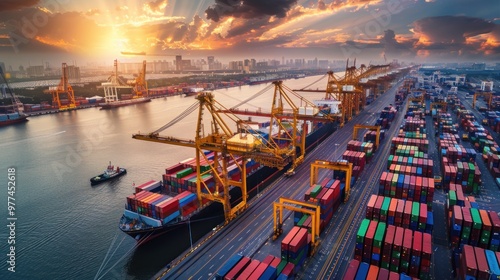 Global business logistics import export of containers cargo freight ship loading at port by crane, container transport, cargo plane.