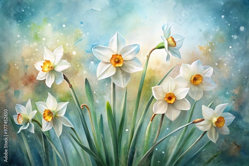 Delicate white daffodil blooms sway gently in a whimsical watercolor illustration, surrounded by soft, dreamy brushstrokes and subtle texture, evoking springtime serenity.